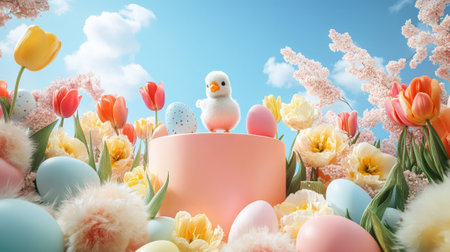 A podium surrounded by pastel eggs, fluffy chicks, and tulip arrangements, set in a vibrant garden with blue skies for Easter.の素材