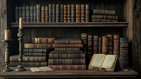 A podium decorated with a collection of leather-bound books, old manuscripts, and a classic wooden bookshelf for Book Lovers Day.の素材