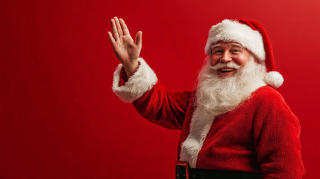 Santa Claus happily offering a high five in the foreground, his jolly expression and red suit highlighted against a vibrant red background, with copy space for holiday promotions.の素材