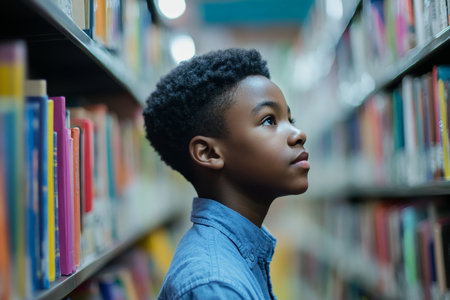 A 14-year-old African American boy in a bright library, surrounded by colorful books, lost in his reading, his focused expression embodying a love for knowledge and exploration.の素材