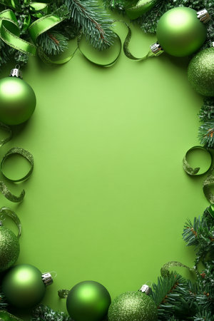 A lime green Christmas template adorned with a festive frame of lime green ornaments and ribbons, creating a fresh and vibrant aesthetic.の素材