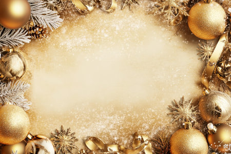 A warm gold Christmas template framed with shimmering golden baubles, snowflakes, and ribbon, offering a luxurious feel for festive designs.の素材