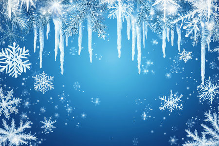 A blue Christmas template with a festive frame of snowflakes and icicles, evoking a winter wonderland.の素材