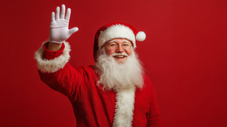 A festive Santa Claus giving a high five with a bright, friendly smile, against a rich red backdrop. His white beard and red suit pop, creating a fun and joyful scene with room for copy.の素材