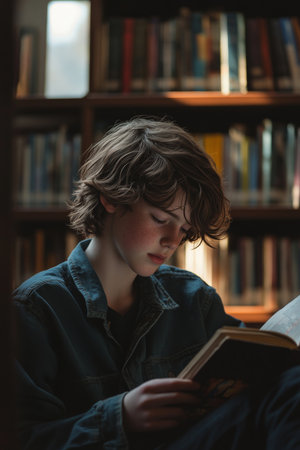 A 14-year-old Caucasian boy with tousled hair, sitting in a quiet, modern library, surrounded by bookshelves, intently reading a novel with the soft glow of afternoon light.の素材