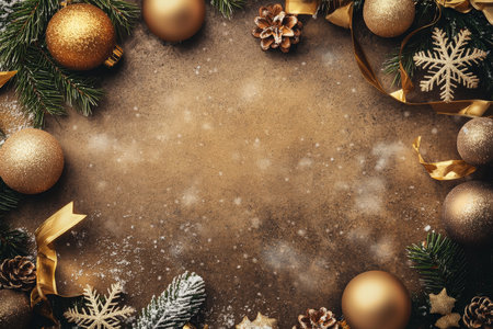 A warm gold Christmas template framed with shimmering golden baubles, snowflakes, and ribbon, offering a luxurious feel for festive designs.の素材
