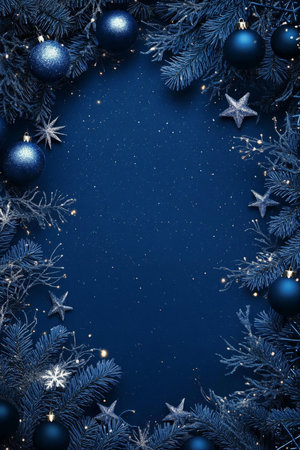A deep blue Christmas template with a glittering festive frame of stars, ornaments, and winter greenery, ideal for creating elegant holiday designs.の素材