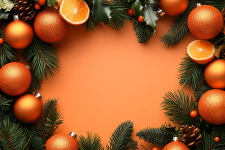 An orange Christmas template with a festive frame of orange ornaments and garland, bringing a warm and cozy feel to the design.の素材