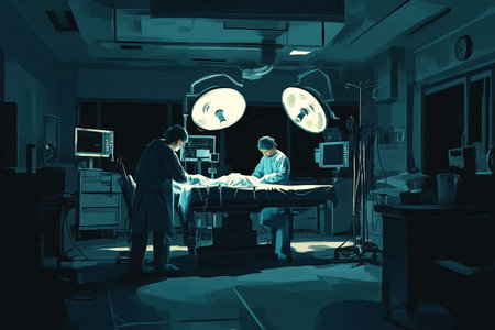 Surgeons in a modern hospital suite working late into the night on a critical operation, illuminated by the sterile white glow of surgical lamps, while the room around them fades into shadow.の素材