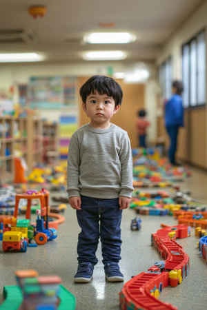 A 3-year-old Japanese boy standing apart in a cheerful kindergarten, with a confused look on his face, toys and play areas visible around him, while the class is engaged in play.の素材