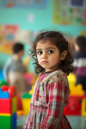 A 3-year-old Arabian girl standing apart in a vibrant kindergarten, looking confused and uncertain, while toys and games surround her and other children play in the background.の素材