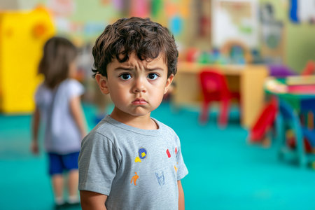 A 3-year-old Hispanic boy standing alone in the middle of a colorful kindergarten, looking confused and unsure of what to do, as other kids are engaged in playful activities.の素材
