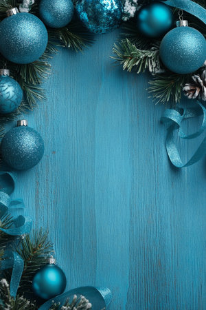 A turquoise Christmas template adorned with a festive frame of turquoise ornaments and ribbons, creating a bright and cheerful aesthetic.の素材