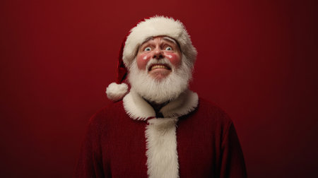 Santa Claus with tears in his eyes, a tender smile on his face, conveying heartfelt emotion as he stands against an isolated red background. His classic red suit contrasts with the deep red backdrop.の素材