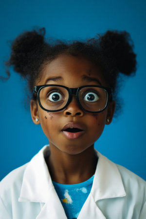 African American girl scientist, soot on her face, standing wide-eyed in front of a blue studio backdrop, her lab glasses slightly askew.の素材