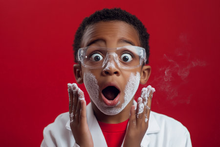 African American boy scientist, soot smeared across his cheeks, surprised by his experiment, standing wide-eyed against a red background.の素材