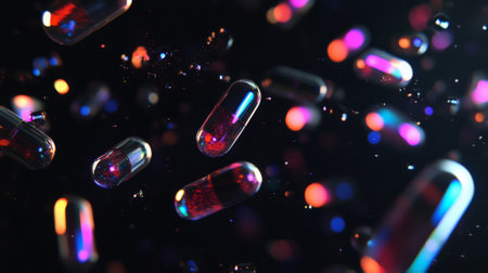 A dynamic arrangement of floating iridescent black capsules, their surfaces reflecting a spectrum of colors, glowing faintly as they contrast against a deep black backdrop.の素材