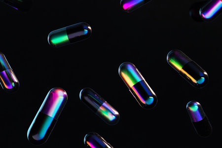 Iridescent black pill capsules, suspended in mid-air, glowing faintly with hues of purple, blue, and green, contrasting sharply against the pitch-black backdrop.の素材