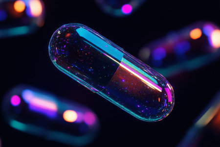 Iridescent black pills suspended in air, glowing with soft rainbow light, their glossy surfaces highlighted by faint reflections, all set against a black background.の素材