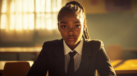 A Black schoolgirl in uniform sitting at a desk, looking upset, as sunlight streams through the classroom window, casting soft shadows. Her emotions are visible as she gazes down at her work.の素材