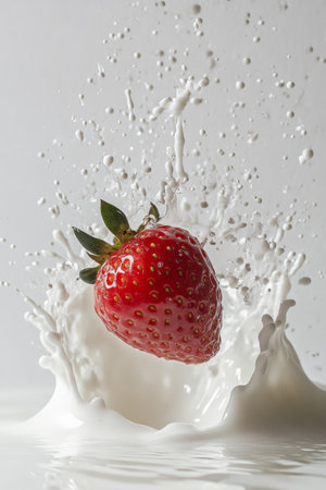 A strawberry is seen falling into milk, with ripples of splash rising upwards in slow motion. The white background accentuates the fluidity and crispness of the moment.の素材