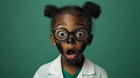 An African American girl scientist with a soot-smeared face and lab glasses, standing against a green background with wide eyes of amazement.の素材