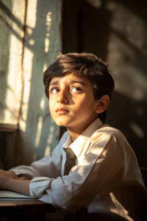 An Arabian schoolboy sits at his desk, his face showing frustration, sunlight shining through the window, casting a warm glow on the room but contrasting his mood.の素材