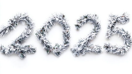 A festive 2025 designed from snowy, frosted Christmas garlands, softly contrasting against a pure white background.の素材