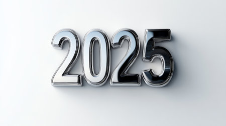 A bold 2025 made from sleek metallic material, floating on a pristine white background, with soft shadows adding depth and elegance.の素材