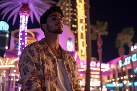 A young adult Brazilian man, dressed in a stylish outfit, confidently stands amidst the iconic neon lights of Las Vegas. The luxurious casino entrance and lively palm trees create a thrilling nightlife scene under a clear sky.の素材