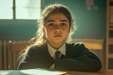 An Arabian schoolgirl in a school uniform, sitting at her desk with an upset expression, her face illuminated by the warm sunlight coming through the window, creating a soft glow around her.の素材