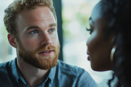 A close up shot of a Caucasian man and a Black woman engaged in an interview, showing their focused expressions. The background is softly blurred, emphasizing their interaction and the intensity of the conversation.の素材