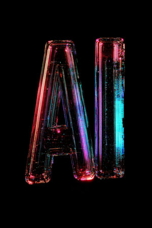 The bold "AI" text made from shimmering glass, with strong chromatic refractions creating a spectrum of colors, all set against a dark black background.の素材