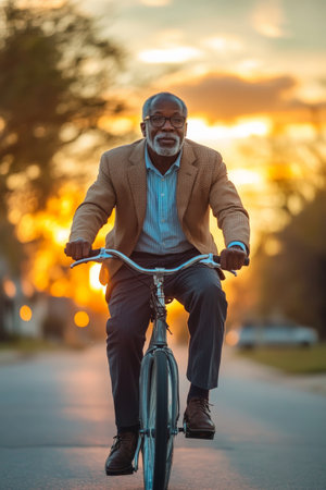 A African senior American businessman riding his electric bike through a quiet suburban street, heading home after a busy day in the city. The sunset fills the sky with warm colors.の素材