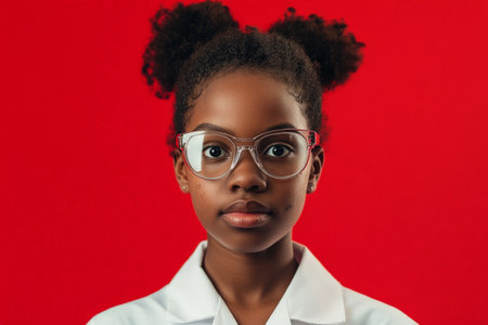 African American girl scientist, soot on her face, standing wide-eyed in front of a bold red background, lab glasses slightly off-center.の素材