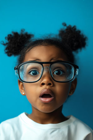 Surprised little Black girl scientist with soot on her face, lab glasses resting on her nose, standing against a vivid blue backdrop.の素材