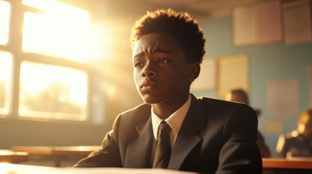 A Black schoolboy in uniform, sitting at his desk, looking upset as the sunlight beams through the classroom window, creating soft shadows on his face. His expression shows frustration.の素材
