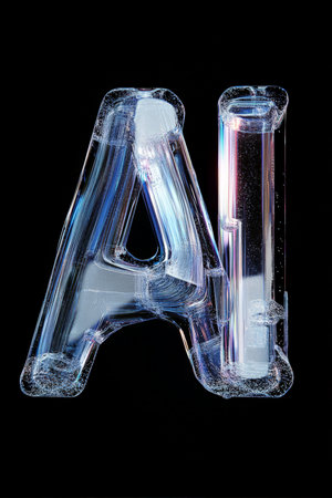 Crystal-clear "AI" text with glassy surfaces, scattering light through chromatic refractions, placed on a clean black background, creating a futuristic vibe.の素材