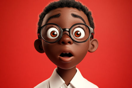 Black boy scientist with soot-smudged cheeks, standing wide-eyed with lab glasses on, in front of a red background.の素材