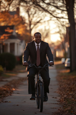 A middle aged Black businessman in a crisp suit rides his electric bike home through a leafy suburban neighborhood, his tie fluttering in the evening breeze as the city skyline disappears behind him.の素材