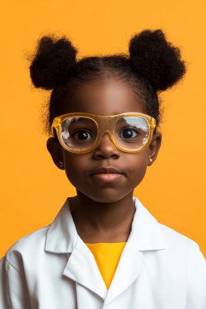 African American girl scientist with soot-smeared cheeks, wide-eyed behind her lab glasses, standing in front of an orange studio background.の素材