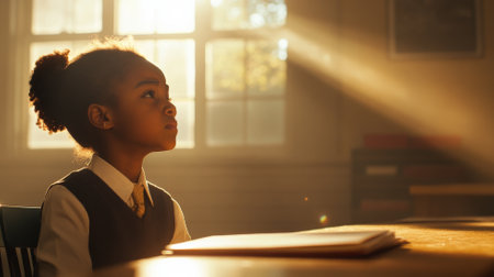 An African American schoolgirl in uniform, sitting quietly at her desk, visibly upset, with sunlight beaming through the window, casting a warm glow on the scene.の素材
