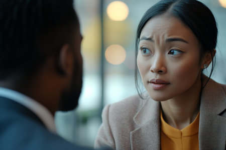 A close up scene of an Asian woman and a Black man engaged in an interview, their expressions reflecting deep thought. The blurred background adds an air of professionalism to their conversation.の素材
