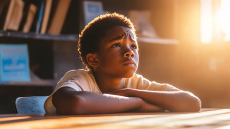 An African American schoolboy sits at his desk, visibly upset, as bright sunlight filters through the window, highlighting his troubled expression and creating a warm, glowing atmosphere.の素材