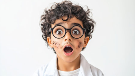 An Arabian boy, soot covering his cheeks, wide-eyed in shock behind his lab glasses, posed against a white studio background.の素材