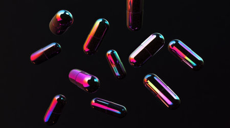A cluster of iridescent black pill capsules floating in mid air against a deep black background, glowing with subtle rainbow reflections as they hover weightlessly.の素材
