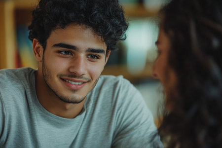 A close up of a young adult Arabian man interviewing a Brazilian woman, both displaying expressions of curiosity and engagement. The background provides a hint of a cozy office setting, adding context to their interaction.の素材
