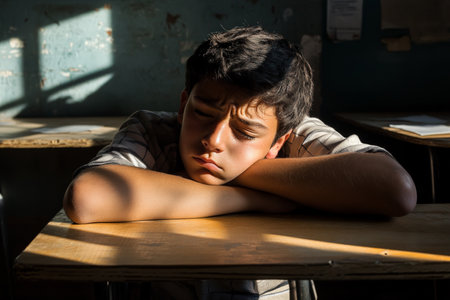 A Hispanic schoolboy, upset and resting his head on his arms at his desk, sunlight pouring through the window, creating a peaceful yet contrasting atmosphere with his emotions.の素材
