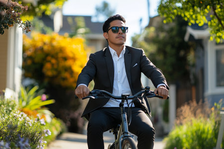 A young adult Hispanic businessman rides confidently on his electric bike through a bright suburban neighborhood. He looks relaxed as he makes his way home from the city, passing well-kept gardens and homes.の素材