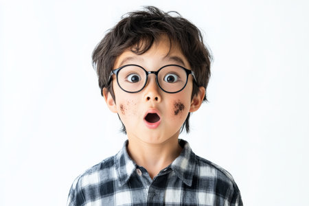 Japanese boy with soot-smeared cheeks, wide-eyed in surprise, lab glasses askew, standing against a bright white background.の素材